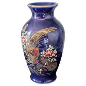 VTG Japanese 6" Kutani Vase Cobalt Blue Pheasant Couple With Flowers Gold Accent
